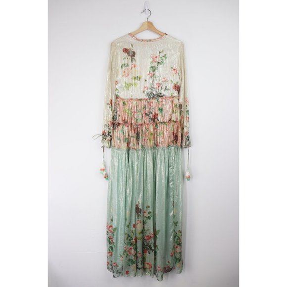 NWT Rococo Sand Ruched Long Dress Maxi Plunging V-Neck Metallic Green Pink XS - Picture 4 of 10